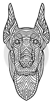 Monochrome ink drawing. Coloring book for adults. The head of a Doberman with pattern.