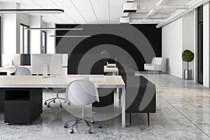 Monochrome interior design of openspace office with modern furniture, glossy concrete floor and black and white walls