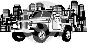 Monochrome of a jeep in front of a big city silhouette, flat style illustration