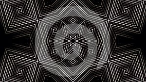 Monochrome kaleidoscopic pattern with rotating stars, squares and rhombuses, seamless loop. Animation. Transforming and