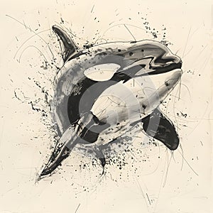 Monochrome killer whale drawing with a striking fin