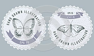 Monochrome labels design with illustration of great orange-tip, jungle queens