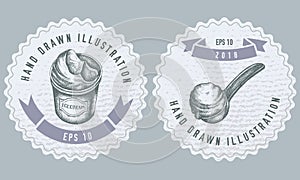 Monochrome labels design with illustration of ice cream bucket, ice cream scoop, ice cream balls