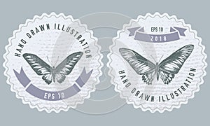 Monochrome labels design with illustration of rajah brooke s birdwing