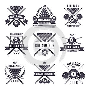 Monochrome labels or logos for billiard club. Vector illustrations of snooker balls