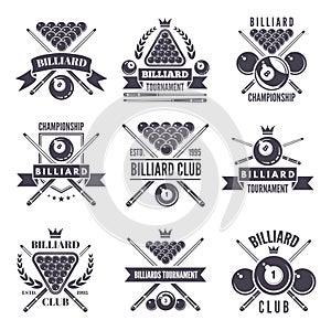 Monochrome labels or logos for billiard club. Vector illustrations of snooker balls photo