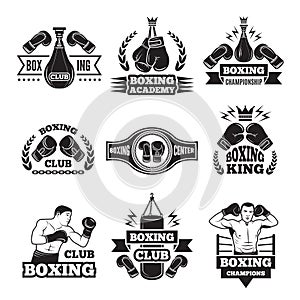 Monochrome labels set for boxing championship. Illustration of gloves and boxer