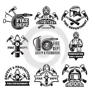 Monochrome labels set for fire department. Pictures