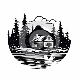 Monochrome Lake Cottage Logo: Simple, Bold, Clean Vector Art