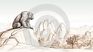 Monochrome Landscape Drawing: Detailed Monkey Sitting On Cliff