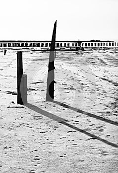 Monochrome landscape of old wooden pier remains on a beach