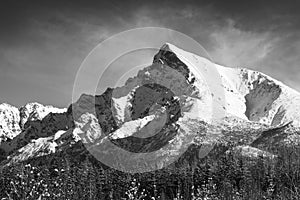 Monochromatický pohled na krajinu na horu Kriváň ve Vysokých Tatrách, Slovensko