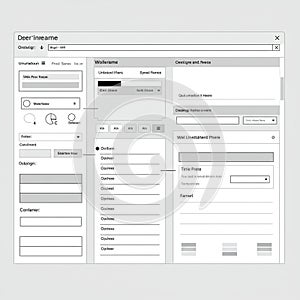 A monochrome layout resembling a user interface design. It features multiple