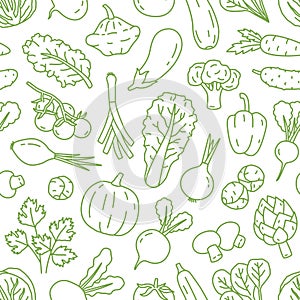 Monochrome line art seamless pattern with various organic vegetables. Repeatable background with healthy veggies and