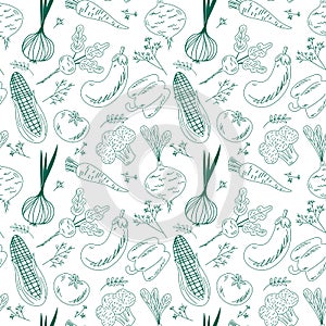 Monochrome line art seamless pattern with various organic vegetables. Repeatable background with healthy veggies. Vector