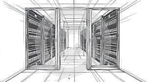 monochrome line art style of a vibrating server rack