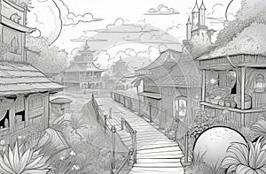 Monochrome line art village drawing with buildings and bridge