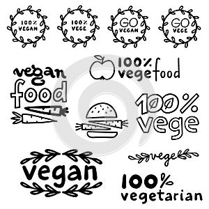 monochrome linear abstract vege vegan label set with hand drawn typographic and graphic doodle