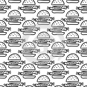 monochrome linear vege vegan seamless pattern with hand drawn doodle burger on white background