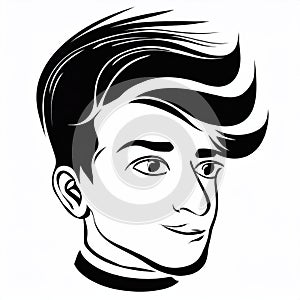 Monochrome logo emblem, head of a man with a stylish hairstyle.