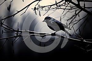 Monochrome magic bird shadows create artistic scenes on tree branches