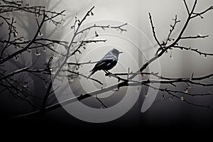 Monochrome magic bird shadows create artistic scenes on tree branches