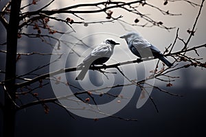 Monochrome magic bird shadows create artistic scenes on tree branches