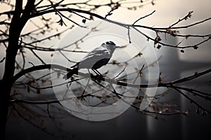 Monochrome magic bird shadows create artistic scenes on tree branches