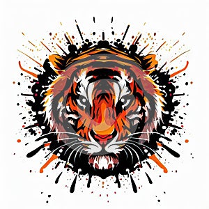 Monochrome Magnificence: Tiger Face in Vector on White,Generative AI