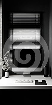 Monochrome Modern Desktop with Computer and Blinds photo