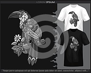 Monochrome mountain toucan bird mandala arts isolated on black and white t shirt