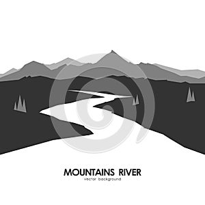 Monochrome mountains landscape with white river.