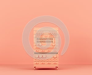 Monochrome orange color professional audio rack in a pink studio, 3d rendering