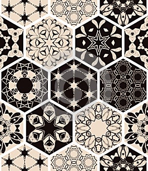 Monochrome oriental seamless patchwork pattern. Hexagonal ceramic tile. Boho shic style.