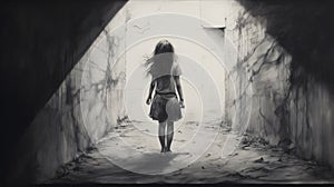 Monochrome Painting A Captivating Art Drawing Of A Girl Crossing A Dark Tunnel