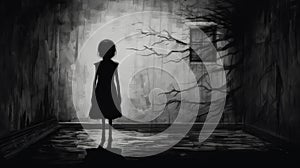 Monochrome Painting Of A Girl Standing By A Tree In A Dark Room