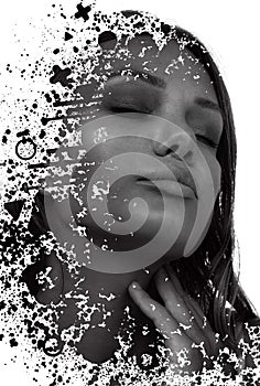 A monochrome paintography portrait of a woman abstract concept art on white background