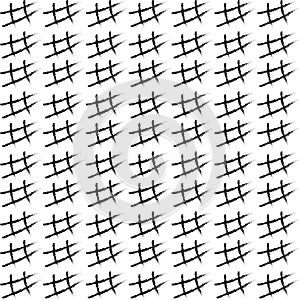 Monochrome pattern with chaotic black doodle hashtag symbols on white background. Modern social media sign texture for textile,