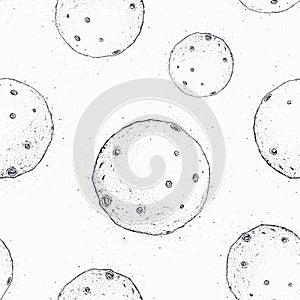 Monochrome pattern with Moon covered with craters. Celestial astronomical bodies in outer space hand drawn in black and photo