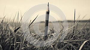 Monochrome Pencil In Grass: Vintage Inspired Primitivist Photography