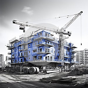 Monochrome photo of blue color, a large construction site