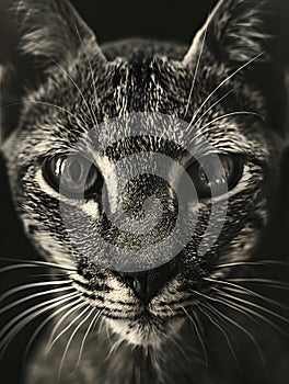 Monochrome photo of a Felidaes head with striking iris and whiskers