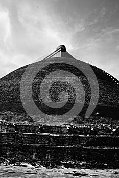 Monochrome photo of a Jetavanaramaya temple in Anuradhapura.