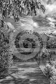 Monochrome photo of the jetty and lake