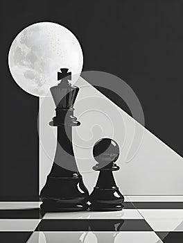 Monochrome photo of two chess pieces on board in black and white tones
