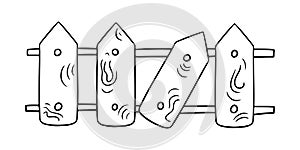 Monochrome picture, Wooden fence with a broken part, vector illustration in cartoon style