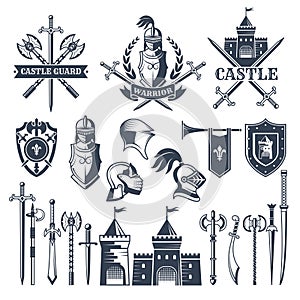 Monochrome pictures and badges of medieval knight theme. Illustrations of helmets, swords