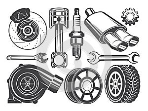 Monochrome pictures of engine, turbocharger cylinder and other automobile tools