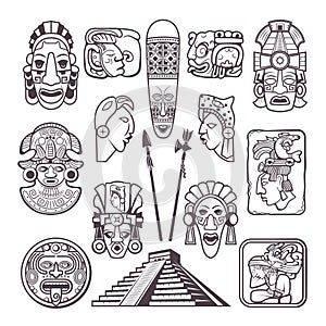 Monochrome pictures set of mayan culture symbols. Tribal masks and totems