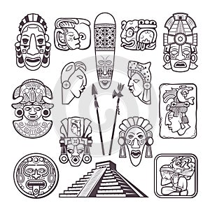 Monochrome pictures set of mayan culture symbols. Tribal masks and totems photo